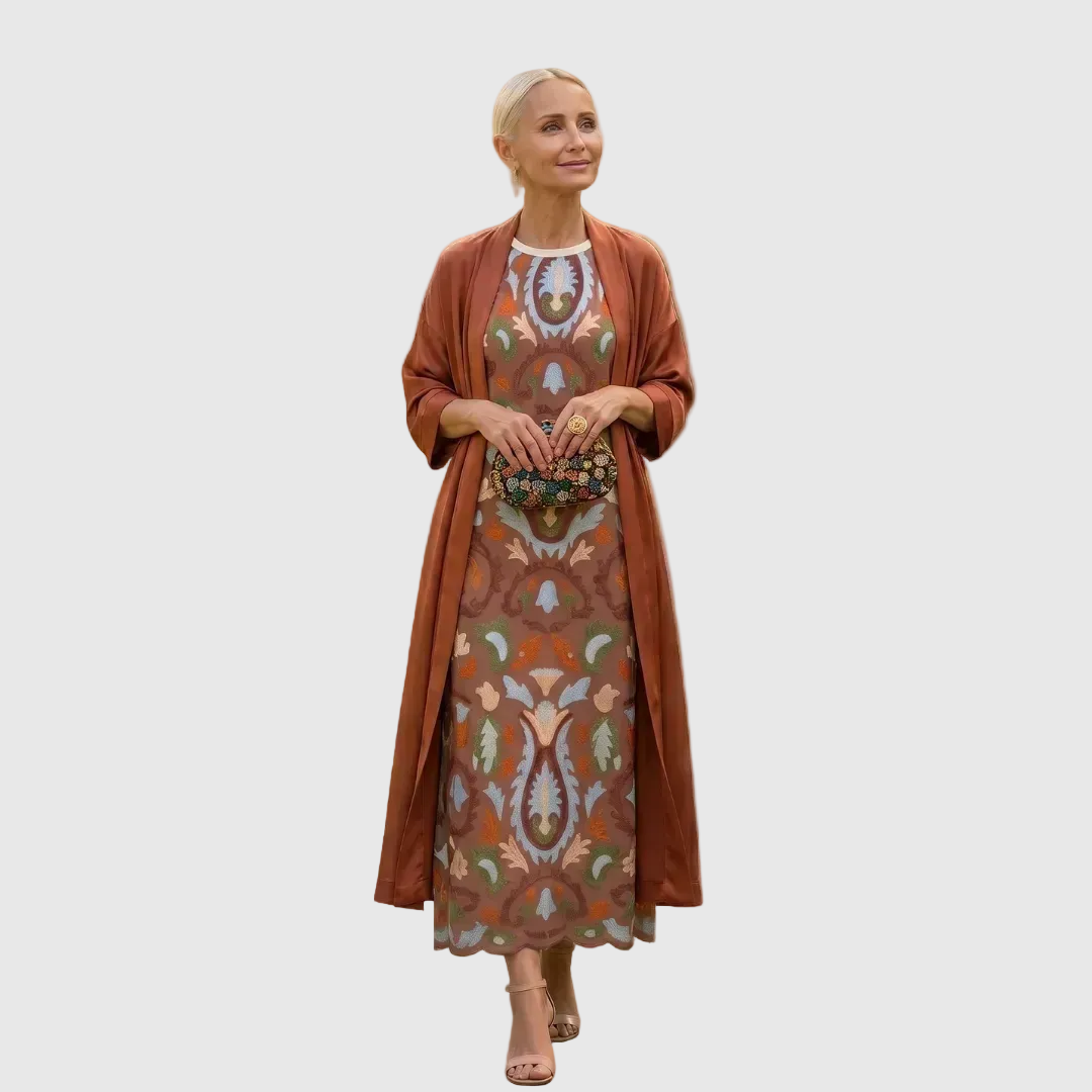Daniela - Long floral dress with a fitted waistcoat