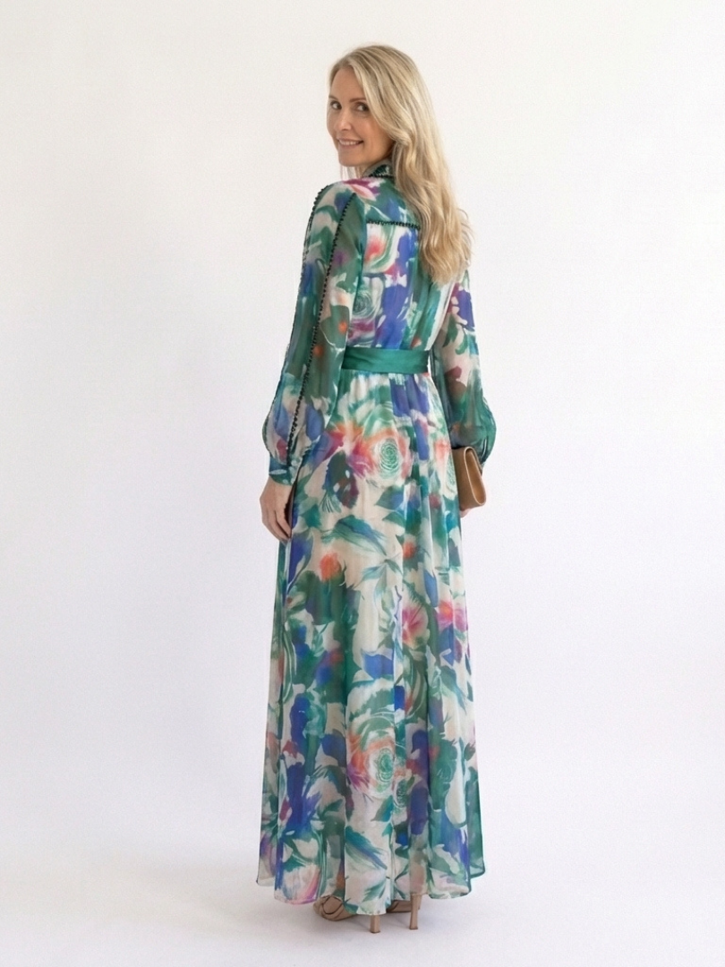 Long Sleeve Printed Belted Maxi Dress