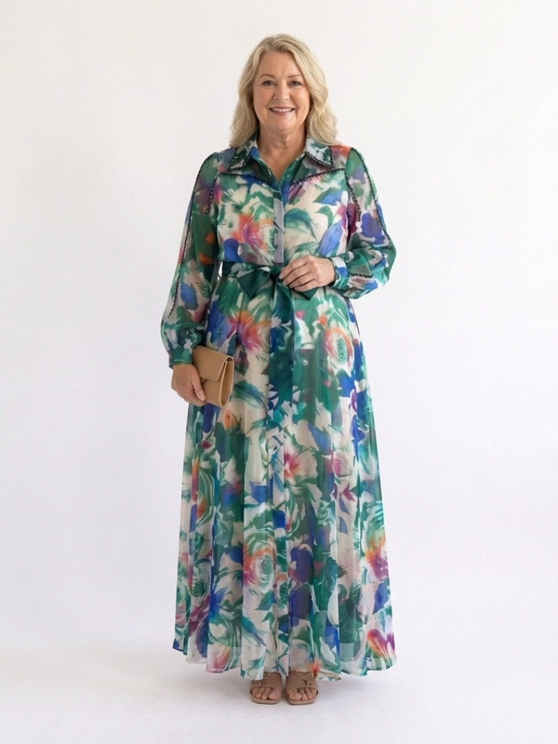 Long Sleeve Printed Belted Maxi Dress