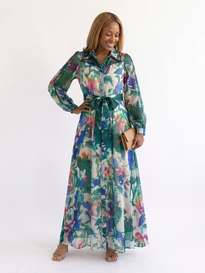 Long Sleeve Printed Belted Maxi Dress