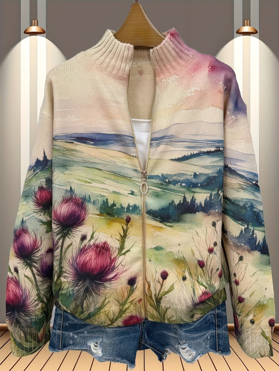 Birgit™ | Cardigan with Watercolour Landscape