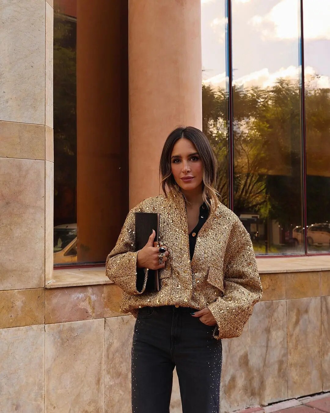 Jane | Sophia Evans Tweed Bomber Jacket with Gold Sequins