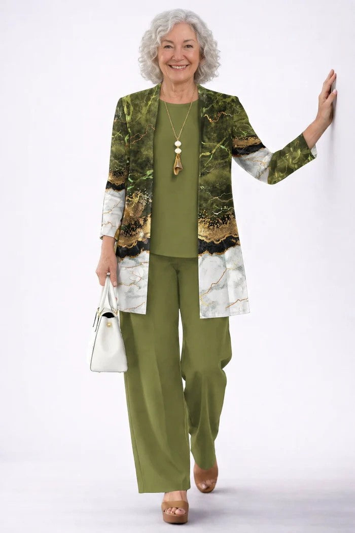 Three-Piece Co-ord Set with Longline Cardigan and Printed Trousers