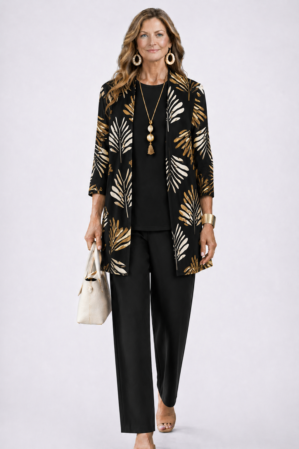 Three-Piece Co-ord Set with Longline Cardigan and Printed Trousers