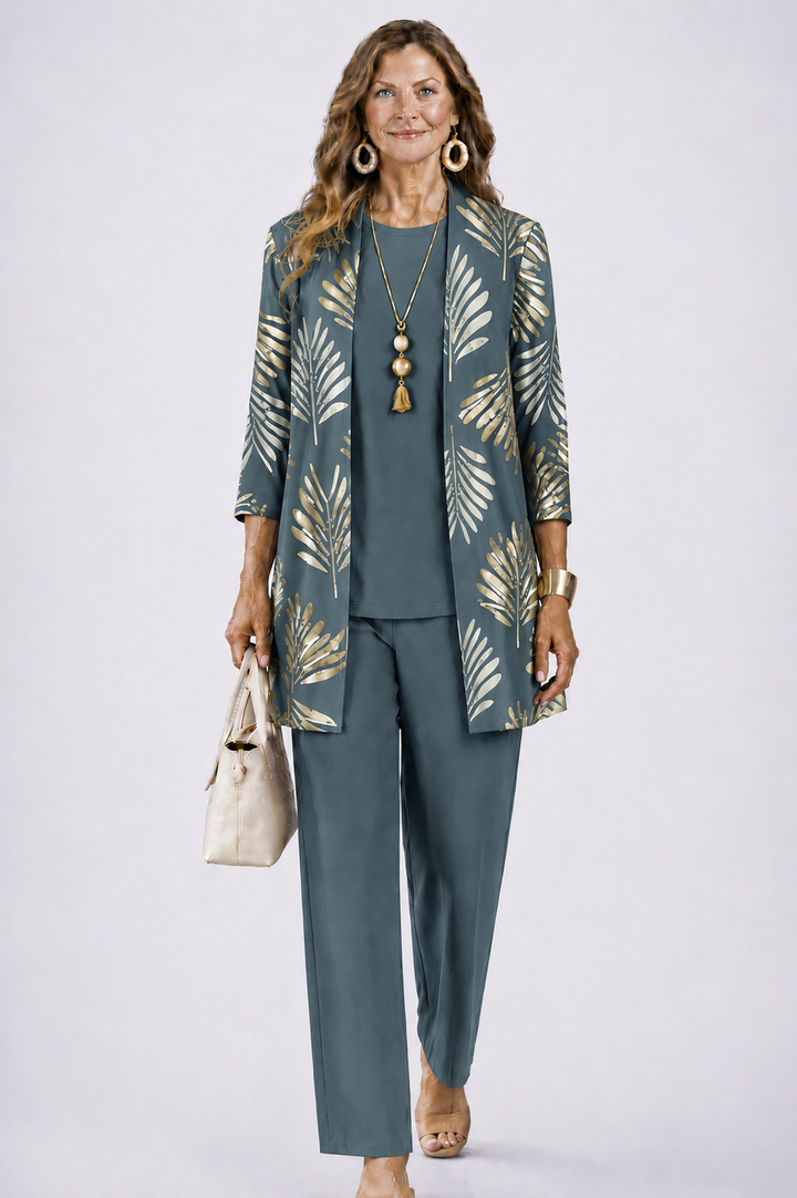 Three-Piece Co-ord Set with Longline Cardigan and Printed Trousers