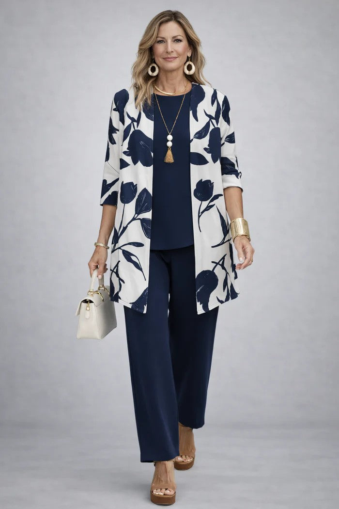 Printed Trouser Co-ord with Open-Front Cardigan for Women
