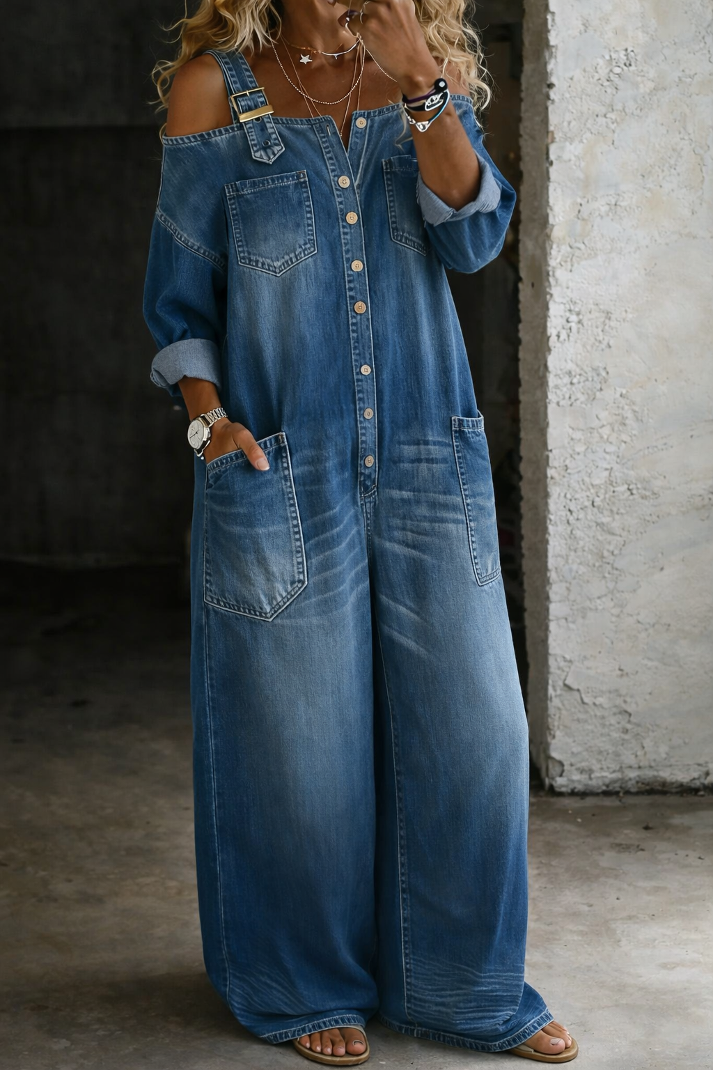 SVEA | Schulterfreier Denim-Jumpsuit