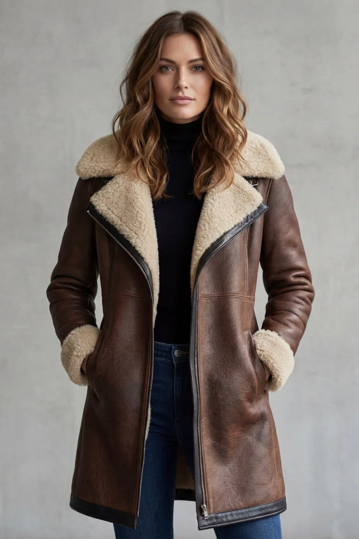 Women's Elegant Leather Coat with Shearling Lining – Amara