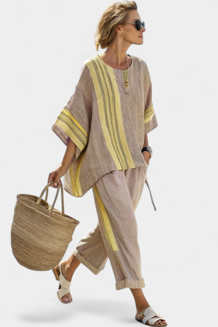 Elegant Lavender Top & Mustard Striped Pants