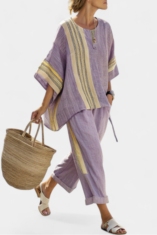 Elegant Lavender Top & Mustard Striped Pants