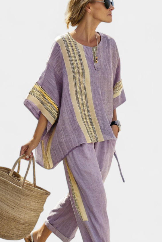 Elegant Lavender Top & Mustard Striped Pants