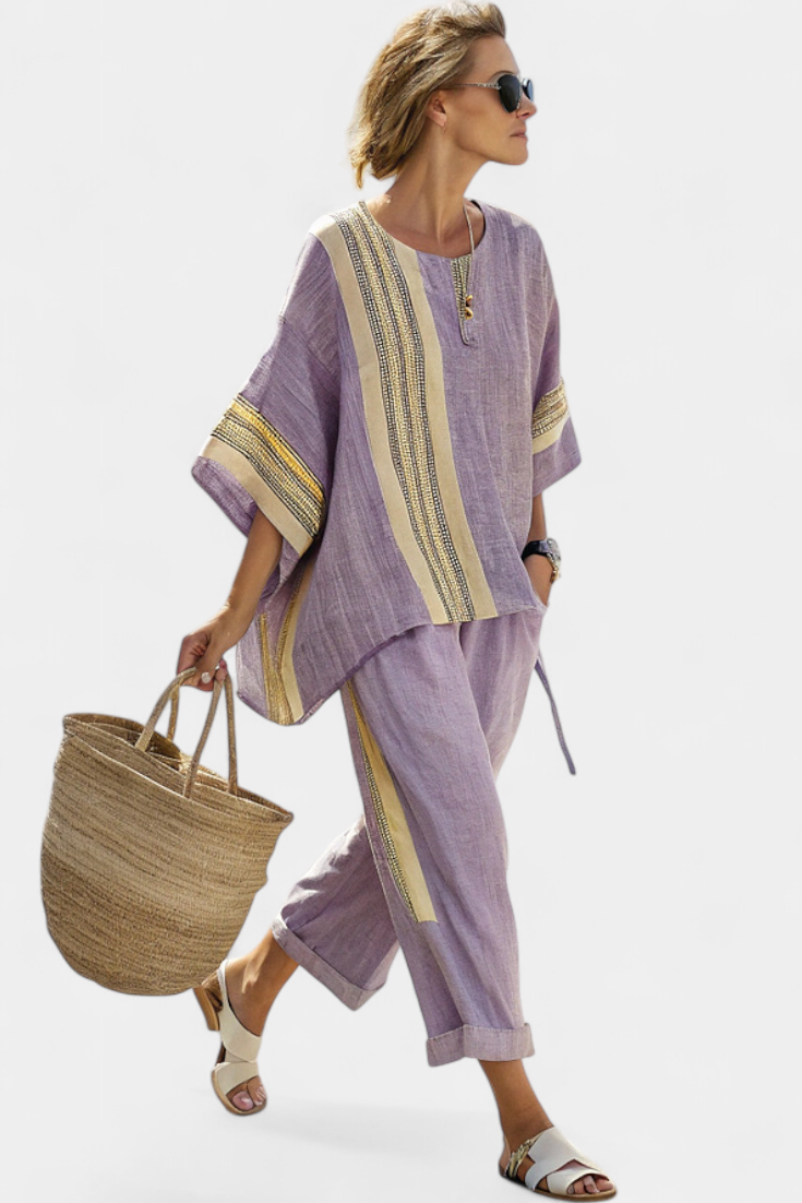 Elegant Lavender Top & Mustard Striped Pants