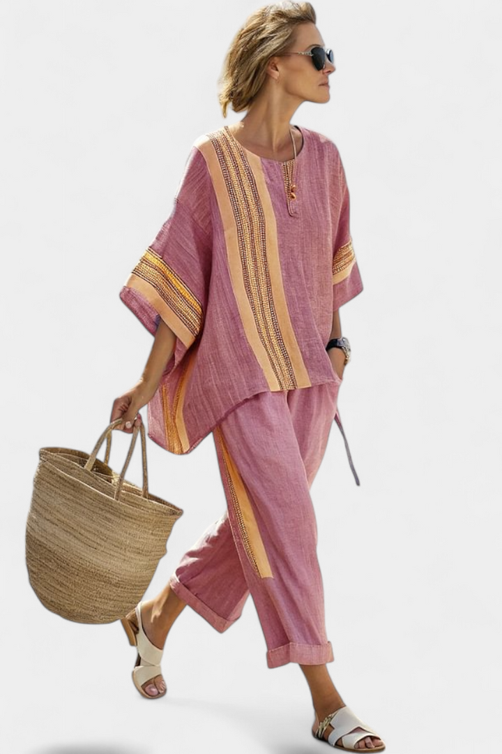 Elegant Lavender Top & Mustard Striped Pants