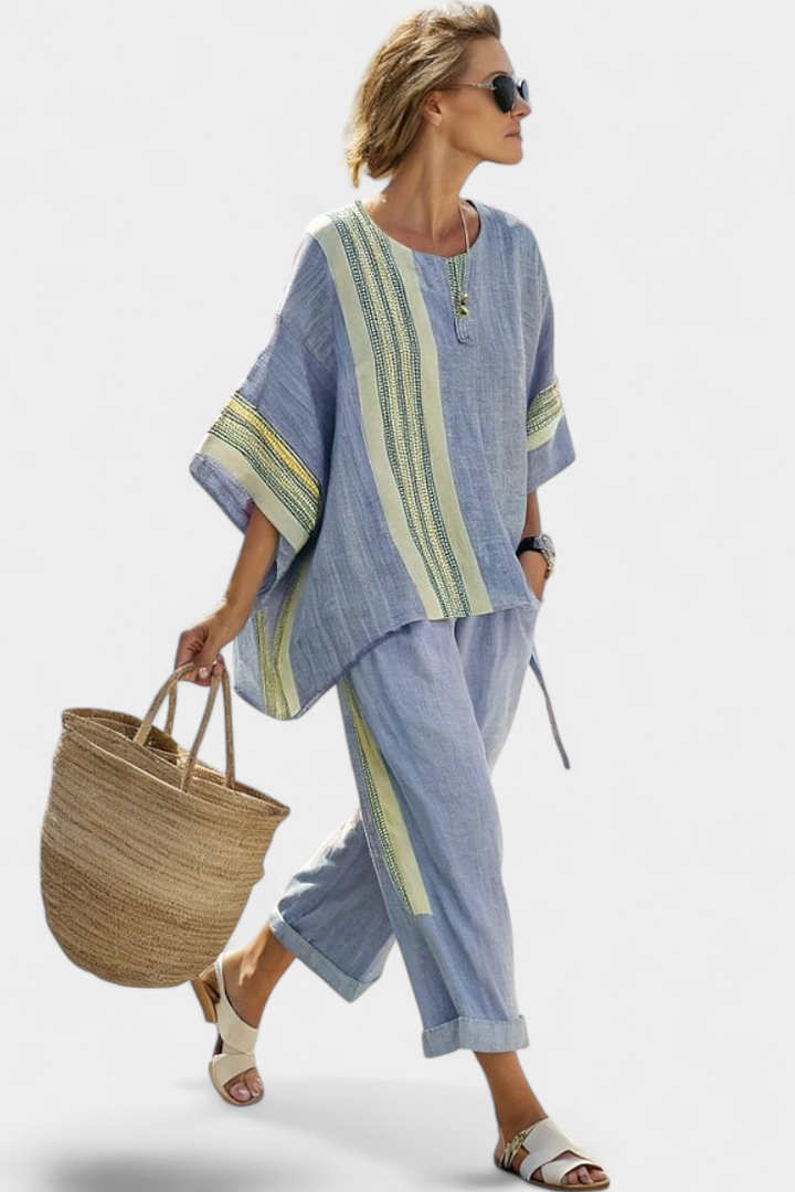 Elegant Lavender Top & Mustard Striped Pants