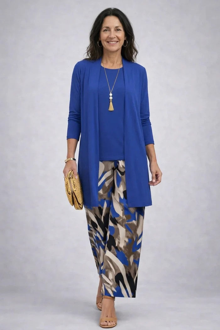 Longline Cardigan Set with Inner Top and Printed Trousers
